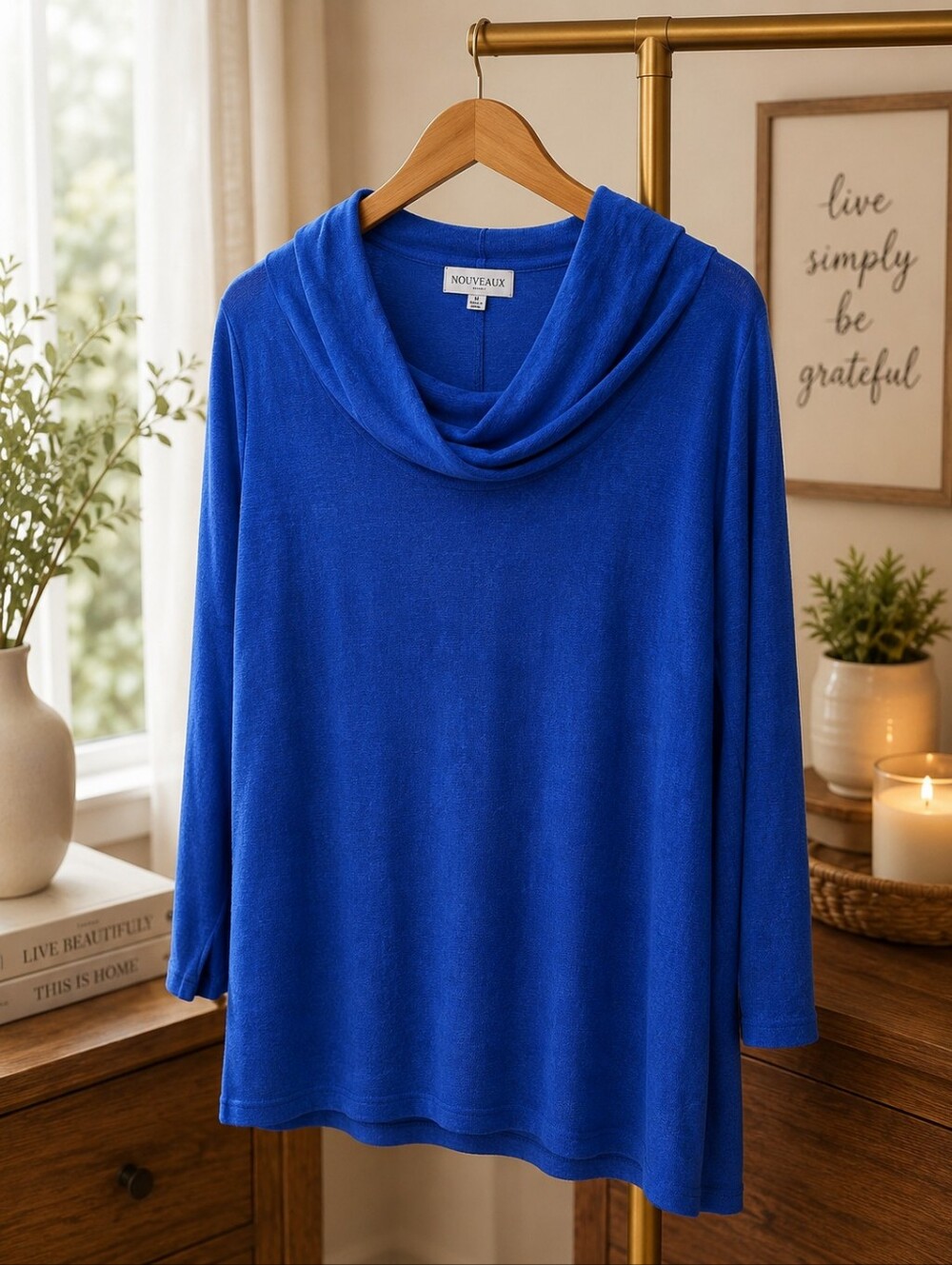 Cowl Neck Long-Sleeve Blouse - Royal Blue